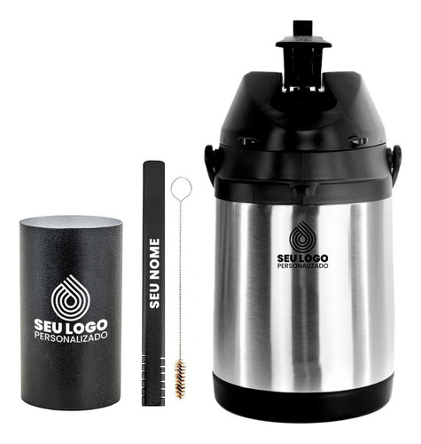 Kit Tereré Copo Bomba Preto Garrafa Termica Inox - Sua Logo