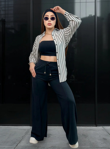 Pantalón Corte Campana Crop Top Y Blusa De Moda Casual | Meses sin interés