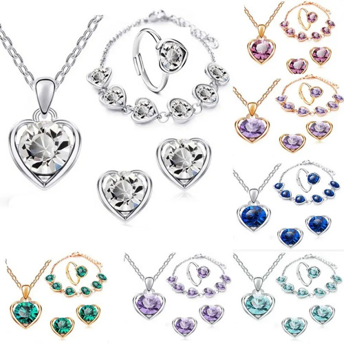 Conjunto Set Corazón Collar + Pulsera Aretes Anillo Joyería