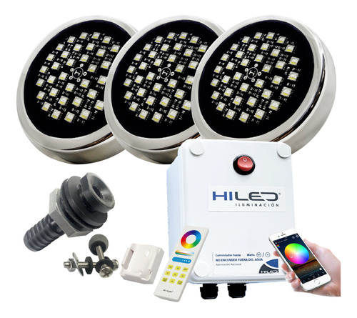 3 Luces Para Pileta Led Rgbw 12w +fuente+control Remoto+wifi