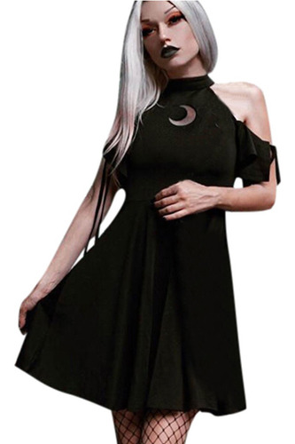 Vestido Mujer Estilo Gótico Punk Negro Retro Off Shoulde 334