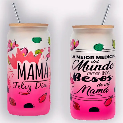 Vaso Vidrio Con Tapa De Bambú Feliz Dia Mamá Rosa