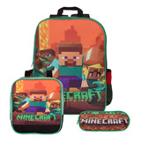 Mochila Masculina Minecraft De Costas + Lancheira Escolar