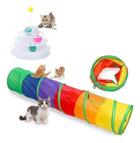 2 Brinquedo Para Gato Torre + Tunel Labirinto Interativo Pet Cor Torre 4 Bolinhas Azul + Túnel