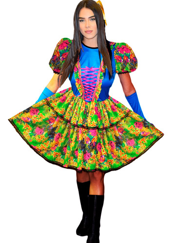 Vestido Caipira  Festa Junina Adulto Com Luva Fita De Cabelo