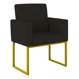 Poltrona Cadeira Decorativa Recepção Base De Ferro Dourada Cor Preto Desenho Do Tecido Liso