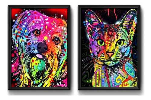 2 Quadros Pitbull Gato Pop Art Cachorro Pet Decoracao