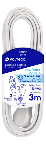 Extensión Eléctrica Doméstica, 3 M, Blanca, Volteck 48006