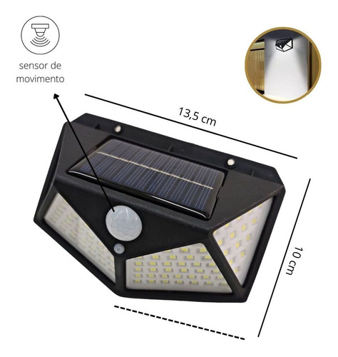 Luminária Solar Parede 100 Led Sensor Presença Com 3 Funções Cor Preto 3.7v