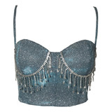 Crop Top De Fiesta Club Mujer Sexy Borla Diamantes