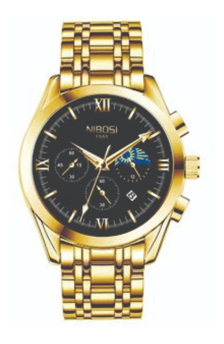 Relógio Nibosi Original 2515 Dourado Fundo Preto