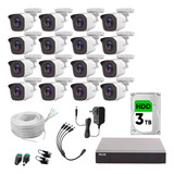 Hilook Kit De Camaras De Seguridad Exterior Hl24lq-plus16-b+3tb Video Vigilancia Turbohd 1080p Cctv 16 Cámaras Bala De 2mp Metal H.265+ Con Bobina Red Utp + 3tb Disco Duro