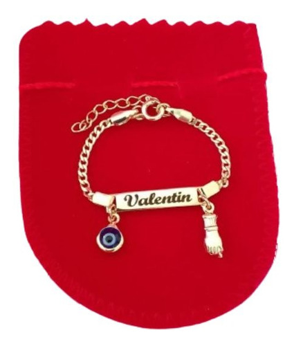 Pulseira Infantil Rn Figa Olho Grego Com Nome Folheado Ouro 