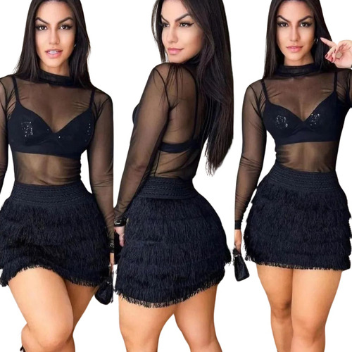 Conjunto Saia De Franja Preta E Body De Tule Feminino