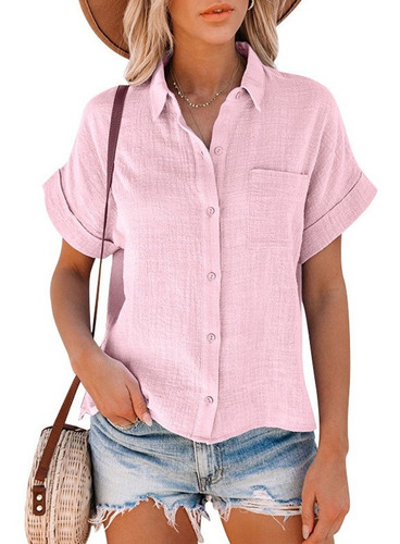 Camisa De Mujer De Algodón Y Lino De Color Liso