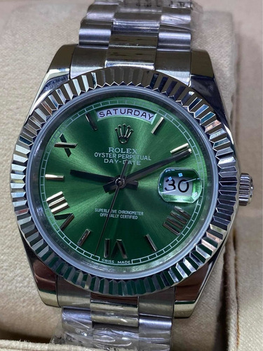 Relogio Rolex Daydate Prata Fundo Verde Com Caixa E Manual