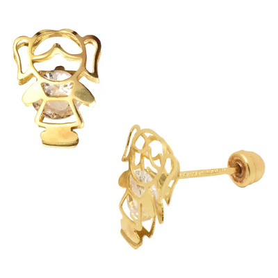 Broqueles Watch-five B117 Diseño De Niña 3d En Oro 10k Amarillo