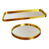 Kit Bandeja Decorativa Espelhada Dourada Porta Perfume 2 Pçs