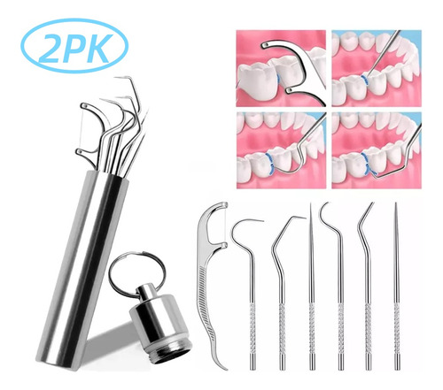 2 Kit Limpieza Dental Palillo De Acero Inoxidable Portátil