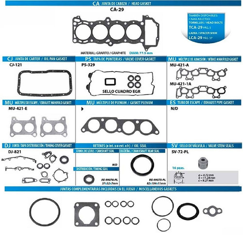 Juntas Motor Nissan Tsuru Iii Sentra 1.6l 97-06 Tf Victor