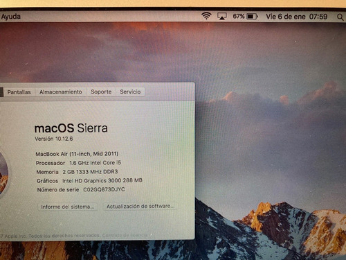 Macbook Air 11 , 2011 Mod. A1370 Core I5, Os Sierra.