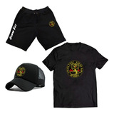 Conjunto Bermuda + Camiseta + Boné Cobra Kai Karatê Luta Kit