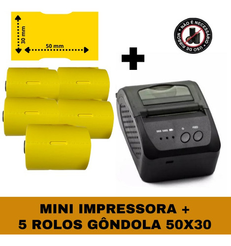 Mini Impressora Bluetooth + 5 Rolos Etiquetas Gôndolas 50x30
