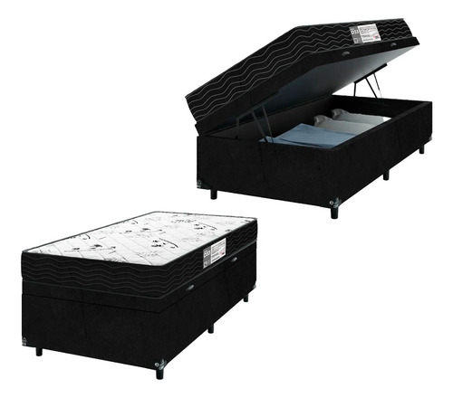 Cama Box Baú Solteiro + Colchão D33 One Face - Suede Preto