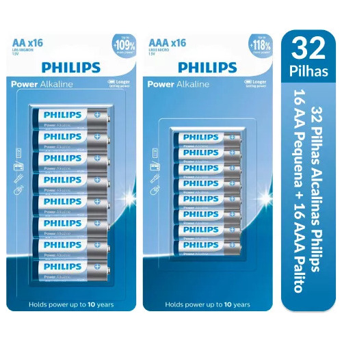 Kit 160 Pilhas Alcalina 16 Aa + 16 Aaa 1,5v Philips
