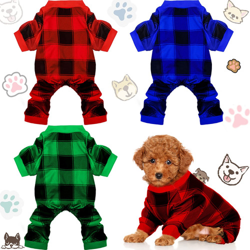 Pijama De Navidad Para Perro, 3 Piezas, Overol De Búfalo Roj