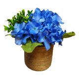 Hortensia Azul Arreglo Floral Con Macetita Tipo Canasto