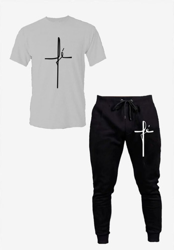 Kit Calça Moletom + Camiseta Camisa Fé Religião Barato Full