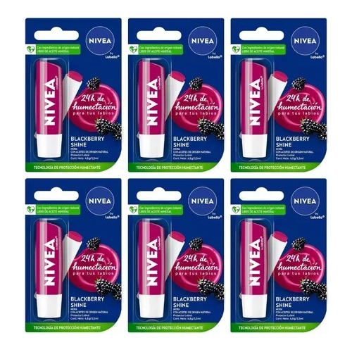 6 Protectores Labiales Nivea Blackberry Shine Humectante  