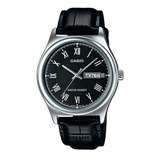 Reloj Casio Modelo Mtp-v006 Piel Carátula Negra Romanos