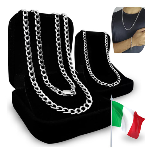 Conjunto Prata 925 Italiana Grumet Corrente Pulseira 5mm 