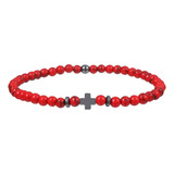 Pulsera De Piedra Jaspe Roja Y Cruz Hematita Hombre Mujer