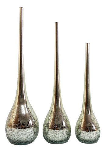 3 Vasos Garrafas Decorativas De Vidro Craquelado Metalizado