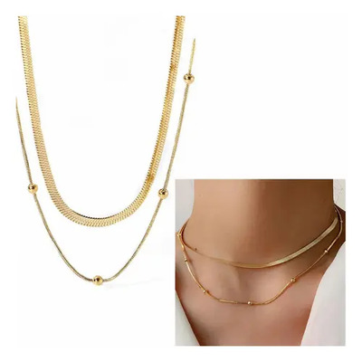Collar Oro 18k Cadena Serpiente Cuentas Doble Capa Mujer