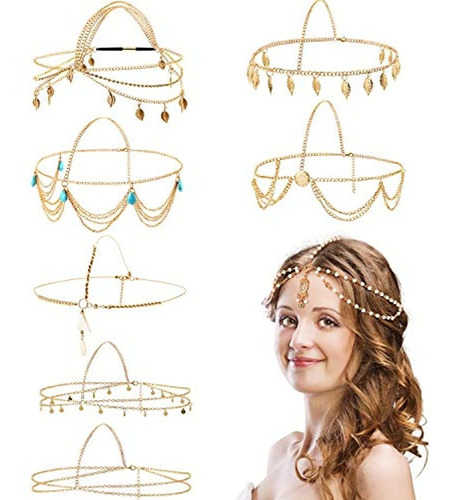 8 Piezas De Cadena De Cabeza De Oro Joyería Boho Diadema