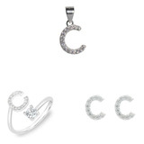 Set Arete Anillo Dije Letra C 100% Plata 925 Mujer Regalo 