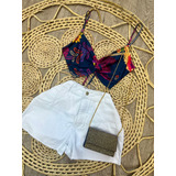 Conjunto Verão Plus Short Branco + Cropped Estampado Alcinha