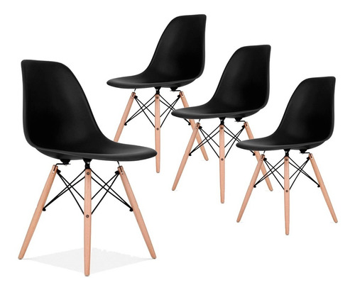 Silla De Comedor Plástico Diseño Dsw Madera - Eames X 4 Color Del Asiento Negro