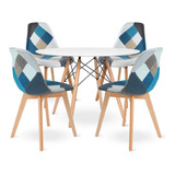 Comedor Mesa Redonda Blanca 100cm + 4 Sillas Patchwork Wood 