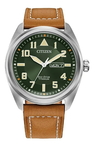 Citizen Avion Green Dial Leather Strap Bm8560-02x Color De La Correa Marrón Color Del Bisel Plata Color Del Fondo Verde