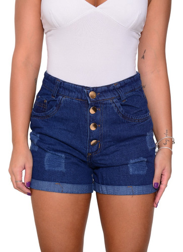 Short Jeans 4 Botões Feminino Cintura Alta Com Lycra Barra