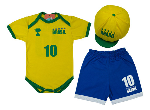 Body Bebê Temático Seleção Brasil + Shorts E Boina