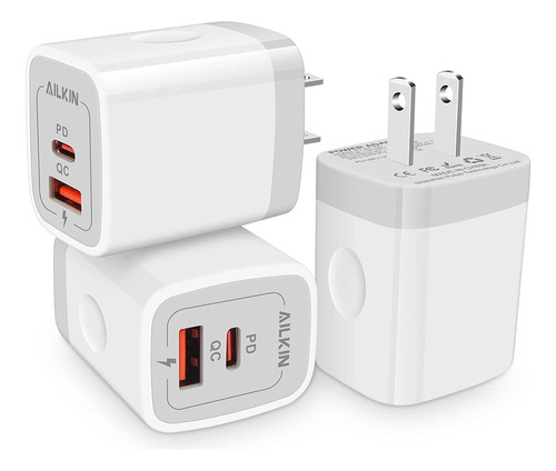 Ailkin - Paquete De 3 Cargadores Usb De Pared Usb-c De Doble