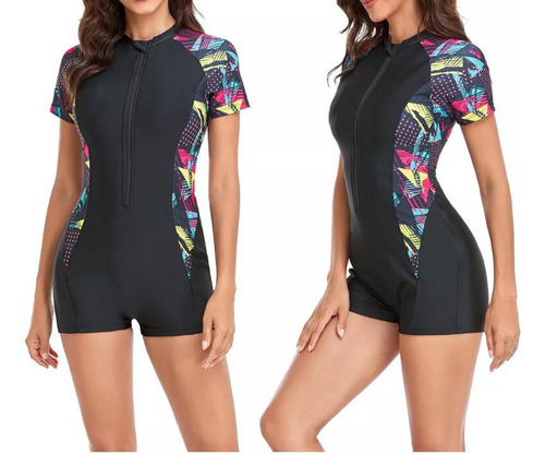 Traje De Baño Deportivo De Manga Corta Floral De Natación Co