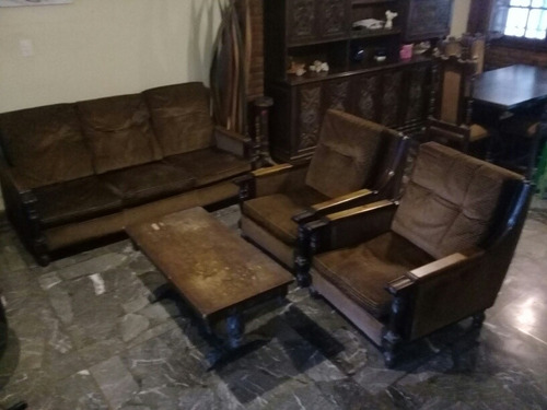 Juego De Living Antiguo En Madera Maciza Trabajada Y Pana