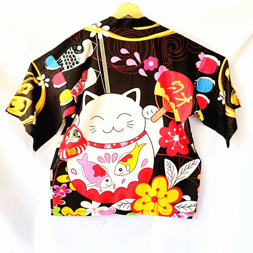 Bata Japonés Estilo Kimono Estampado Gato Fortuna En Chile